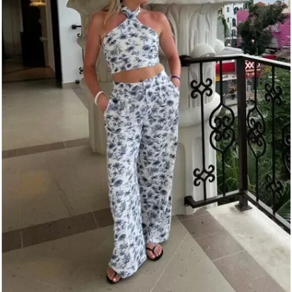 ABERCROMBIE & FITCH Tropical Palm Tailored Wide Leg Linen Pant Size S {3N1} - Picture 1 of 6